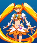  1girl blonde_hair blue_background choker cure_sunshine hair_ribbon heart heartcatch_precure! highres long_hair looking_at_viewer magical_girl midriff myoudouin_itsuki navel precure ribbon simple_background skirt smile solo twintails uganda very_long_hair yellow_eyes 