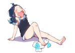  1girl =_= barefoot blue_hair camisole closed_eyes coffret_(heartcatch_precure!) flying_sweatdrops forehead heartcatch_precure! hot kurumi_erika precure shorts sitting stepped_on sweat tongue tongue_out ukokkei 