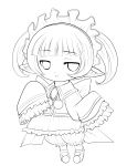  1girl absurdres atelier_(series) atelier_totori chibi chimu_(atelier_totori) hairband highres lineart looking_at_viewer monochrome pointy_ears sleeves_past_wrists solo twintails 