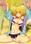  1girl 2boys absurdres animal_ears arms_up barefoot bikini blonde_hair blood breasts cleavage halterneck highres hooded_jacket hoodie hyocorou injury large_breasts multiple_boys navel off_shoulder original sitting solo_focus strap_gap sweat swimsuit tail thighs tiger_ears tiger_tail wariza white_bikini white_swimsuit yellow_eyes zoom_layer 
