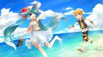  2girls aqua_eyes aqua_hair arm_up barefoot belt blonde_hair bracelet clouds dress hair_ornament hairclip hat hatsune_miku jewelry lily_(vocaloid) long_hair looking_back mashunyoro multiple_girls open_mouth outstretched_arm running sandals short_hair shorts sky sun_hat twintails very_long_hair vocaloid water 