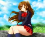  1girl arm_behind_head blazer brown_eyes brown_hair chuunibyou_demo_koi_ga_shitai! hair_ornament hairclip long_hair nibutani_shinka plaid plaid_skirt pleated_skirt rokuroubuna school_uniform side_ponytail skirt solo 