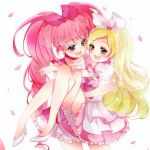  2girls :d blonde_hair blue_eyes blush carrying couple cure_melody cure_rhythm eye_contact green_eyes happy houjou_hibiki hug jewelry kotono_(pixiv2943202) long_hair looking_at_another minamino_kanade multiple_girls open_mouth petals pink_hair ponytail precure princess_carry ring simple_background smile suite_precure twintails veil wedding wedding_ring white_background yuri 