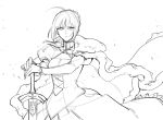  1girl ahoge cape dress fate/stay_night fate_(series) fur_trim hands_on_hilt juliet_sleeves lineart long_sleeves monochrome planted_sword planted_weapon puffy_sleeves saber solo sword weapon xplete 