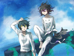  2boys ahoge arm_belt arm_support barefoot bishounen black_hair blue_sky buttons checkered_clothes checkered_scarf clouds collarbone collared_shirt commentary_request contrail danganronpa_(series) danganronpa_v3:_killing_harmony flipped_hair hair_between_eyes highres holding holding_scarf holding_unworn_clothes ivy knee_up long_sleeves looking_up lower_eyelashes_only male_focus multicolored_buttons multiple_boys oma_kokichi outdoors pants purple_hair saihara_shuichi scarf shirt short_hair sitting sky straitjacket thigh_strap two-tone_scarf unworn_scarf violet_eyes water yako_(ycaisola) yellow_eyes 