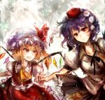  2girls ascot black_hair blonde_hair flandre_scarlet hat hat_ribbon holding_hands multiple_girls open_mouth puffy_sleeves red_eyes ribbon rough shameimaru_aya shirt short_hair short_sleeves side_ponytail skirt sora-pika tokin_hat touhou wings 