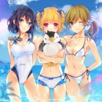  3girls bikini bird black_hair blonde_hair blue_eyes brown_hair free! genderswap green_eyes hazuki_nagisa multiple_girls nanase_haruka_(free!) one-piece_swimsuit penguin red_eyes swimsuit tachibana_makoto tukino_(panna) wink 