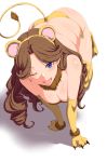  1girl all_fours animal_costume blue_eyes breasts brown_hair character_request clearite cleavage earrings elbow_gloves gloves jewelry lion_costume looking_at_viewer paws solo thigh-highs wink 