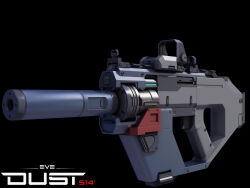 3d autodesk_3ds_max_(medium) black_background caldari_state_(eve_online) commentary copyright_logo copyright_name dust_514 eve_online flewda_(josh_powers) glint gun highres logo no_humans off-shoulder_shirt off_shoulder photoshop_(medium) realistic science_fiction shirt simple_background submachine_gun suppressor weapon weapon_focus 