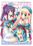  2girls blonde_hair blue_eyes breasts cleavage dungeon_breaker hat long_hair multiple_girls purple_hair red_eyes skywaker thigh-highs 