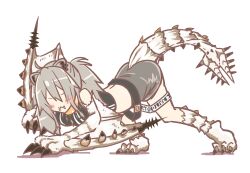  1girl :3 absurdres all_fours animal_ears barioth black_shirt black_skirt blush crop_top fangs full_body grey_hair grey_tail highres hololive lion_ears lion_girl long_hair monster_hunter_(series) poruneko shirt shishiro_botan shishiro_botan_(1st_costume) simple_background skirt solo virtual_youtuber white_background winged_arms wings 