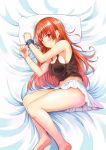  1girl attsun_(atsushi_jb) barefoot bed breasts legs long_hair looking_at_viewer pillow red_eyes redhead seifuku! skirt solo thighs 