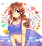  1girl angel_wings arched_back brown_eyes brown_hair heart kamikaze_kaitou_jeanne kusakabe_maron midriff pocky1202 skirt skirt_set solo star wings wink 