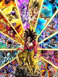  6+boys aura bardock black_hair blue_eyes clenched_hands colored_skin cooler_(dragon_ball) dougi dragon_ball dragon_ball_gt dragon_ball_super dragon_ball_z_dokkan_battle frieza gloves goku_black highres jewelry looking_at_viewer male_focus monkey_boy monkey_tail multiple_boys muscular muscular_male open_mouth pants pectorals smile son_gohan son_goku spiky_hair super_saiyan super_saiyan_1 super_saiyan_2 super_saiyan_4 super_saiyan_blue tail teeth trunks_(dragon_ball) tullece ultra_instinct vegeta wai_(y48754085) white_gloves 
