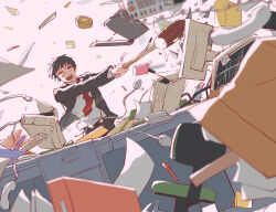  1boy :d absurdres avogado6 belt black_hair black_jacket black_pants blurry blurry_foreground chair closed_eyes computer computer_keyboard computer_mouse corded_phone cup debris desk flying_paper glasses hammer highres holding holding_hammer jacket male_focus monitor mug necktie office_chair open_clothes open_jacket original pants paper papers pen phone red_necktie shirt shirt_partially_tucked_in short_hair sledgehammer smile solo suit swinging_weapon swivel_chair white_shirt 