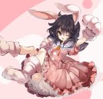  1girl animal_ears black_hair carrot cis_(carcharias) frilled_skirt inaba_tewi open_mouth pom_poms puffy_sleeves rabbit_ears ribbon short_hair short_sleeves solo tagme touhou 