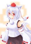  1girl animal_ears baia bespectacled blush breasts detached_sleeves glasses hat inubashiri_momiji red_eyes short_hair smile solo tail tokin_hat touhou wolf_ears wolf_tail 
