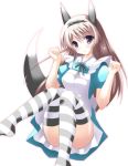  1girl alice_(wonderland)_(cosplay) alice_in_wonderland alternate_costume animal_ears blonde_hair chester dog_ears dog_tail eila_ilmatar_juutilainen hair_ribbon ribbon solo strike_witches striped striped_legwear tail thigh-highs violet_eyes 