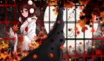  1girl autumn_leaves brown_eyes brown_hair dusk/dawn_(artist) feathers floral_print hat hat_ribbon highres japanese_clothes kimono long_sleeves looking_at_viewer ribbon shameimaru_aya solo touhou tree wide_sleeves yukata 