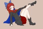  1girl boots bow cape full_body hair_bow inupoko outstretched_leg red_eyes redhead sekibanki short_hair skirt solo touhou 