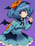  1girl backpack bag blue_eyes blue_hair candy hair_bobbles hair_ornament halftone halftone_background halloween hat head_wings ica kawashiro_nitori key purple_background short_hair skirt skirt_set solo touhou twintails wings 
