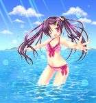  1girl bikini feet_in_water long_hair ocean original outstretched_arms pink_eyes purple_hair rico_(pico-ba) smile soaking_feet solo spread_arms swimsuit twintails water wink 