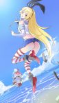  1girl absurdres ass black_panties blonde_hair blush clouds elbow_gloves floating from_behind gloves green_eyes hairband highres kantai_collection long_hair looking_at_viewer looking_back open_mouth panties personification rensouhou-chan sand shimakaze_(kantai_collection) skirt sky smile solo striped striped_legwear thighhighs underwear water white_gloves 