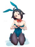  1boy :&gt; @@@ ahoge animal_ears black_eyes black_hair blush bowtie bunnysuit cheren_(pokemon) detached_collar male pantyhose pokemon pokemon_(game) pokemon_bw pokemon_bw2 rabbit_ears short_hair solo sweat trap 