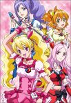  4girls aono_miki berry_sword blonde_hair breasts brooch brown_eyes brown_hair choker clover cure_berry cure_passion cure_peach cure_pine dress earrings eyelashes fresh_precure! hair_ornament hanzou head_wings heart higashi_setsuna jewelry long_hair magical_girl midriff momozono_love multiple_girls open_mouth peach_rod pink_background pink_eyes pink_hair precure purple_hair red_eyes ribbon short_hair shoulder_pads smile tiara twintails violet_eyes yamabuki_inori 