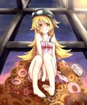  1girl barefoot blonde_hair doughnut fang goggles helmet long_hair monogatari_(series) oshino_shinobu solo strap_slip yellow_eyes 