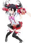  1girl \m/ black_hair black_legwear blush boots bow double_\m/ fingerless_gloves gloves grin hair_bow looking_at_viewer love_live!_school_idol_project midriff navel nico_nico_nii pose red_eyes ryouma_(galley) short_hair skirt smile solo thighhighs twintails wink yazawa_nico 