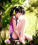  1girl ahoge araragi_karen bakemonogatari barefoot black_hair butterfly egg flower forest hair_ornament long_hair looking_at_viewer monogatari_(series) mr_cloud nature off_shoulder scarf side_ponytail sitting skirt smile solo yellow_eyes 