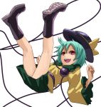  1girl boots falling green_hair hat komeiji_koishi kurione_(zassou) open_mouth red_eyes short_hair skirt smile solo third_eye touhou 