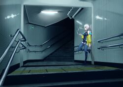 1girl absurdres cyberpunk_(series) cyberpunk_edgerunners exit_sign full_body headm0p highres indoors interior leaning_back railing scenery smoke solo stairs tactile_paving tile_wall tiles white_hair 
