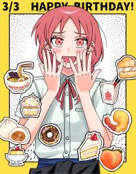  1girl :d blue_skirt blush bowl braid breast_pocket cake chopsticks clothes_around_waist collared_shirt commentary_request cream_puff cupcake dated doughnut dress_shirt drooling egg food fruit furrowed_brow futsuu_no_keion-bu hands_up happy happy_birthday highres hotategaii icing jacket jacket_around_waist long_hair mole mole_under_eye mouth_drool name_connection neck_ribbon noodles nori_(seaweed) object_namesake open_mouth oyster_pail parted_bangs peach pink_eyes pink_hair pocket pudding red_ribbon ribbon school_uniform shirt shirt_tucked_in short_sleeves shrimp shrimp_tempura skirt smile solo sparkling_eyes sprinkles steamed_bun strawberry_shortcake takeout_container tempura twin_braids twintails uchida_momo white_shirt wing_collar 