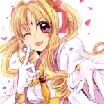  1girl :p blonde_hair blush cross earrings gloves jewelry kaitou_jeanne kamikaze_kaitou_jeanne kusakabe_maron long_hair outstretched_hand petals pink_eyes pocky1202 ponytail solo tongue white_gloves wink 