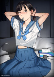  1girl absurdres arms_behind_head arms_up black_hair blue_bow blue_bowtie blue_serafuku blunt_bangs bow bowtie breast_pocket brown_eyes commentary_request full_body futamotu futon hair_tie_in_mouth hair_tie_on_wrist highres hitachi_magic_wand indoors looking_at_viewer loose_bowtie medium_hair midriff_peek mole mole_on_neck mouth_hold original pillow pocket sailor_collar sailor_shirt satonaka_megumi_(futamotu) school_uniform serafuku sex_toy shirt short_sleeves sitting skirt solo suspender_skirt suspenders tissue_box twitter_username tying_hair vibrator wariza 