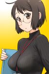  1girl ahoge black_hair blush book breasts brown_eyes glasses servant_x_service short_hair solo sweater ueyama_michirou yamagami_lucy yellow_background 