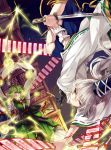  2girls adapted_costume bandages battle beads blood building cuts dress green_dress green_eyes green_hair grey_eyes hat highres hug_(artist) injury japanese_clothes kariginu lightning long_hair mononobe_no_futo multiple_girls ofuda open_mouth parted_lips reverse_grip short_hair silver_hair sky soga_no_tojiko star_(sky) starry_sky tate_eboshi tomoe_(symbol) touhou tower wakizashi 