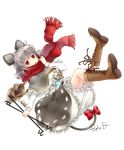  1girl animal_ears basket bloomers boots capelet cross-laced_footwear dowsing_rod fuusha grey_hair jewelry looking_at_viewer mouse mouse_ears mouse_tail nazrin pendant red_eyes red_scarf ribbon scarf short_hair signature simple_background solo tail tail_ribbon touhou underwear white_background 