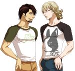  2boys barnaby_brooks_jr blonde_hair brown_eyes brown_hair facial_hair glasses green_eyes kaburagi_t_kotetsu katou_setsuko multiple_boys raglan_sleeves stubble t-shirt tiger_&amp;_bunny 