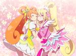  2girls aida_mana blonde_hair blush butterfly cheek-to-cheek closed_eyes couple cure_heart cure_rosetta dokidoki!_precure half_updo happy holding_hands interlocked_fingers liusang long_hair multiple_girls orange_hair pink_eyes ponytail precure smile twintails wink yotsuba_alice yuri 