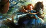  1girl arrow blue_eyes bow_(weapon) brave_(pixar) curly_hair dkaki dress highres horse merida_(brave) redhead weapon 