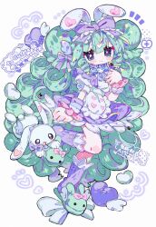  1girl animal_ears animal_slippers apron blue_eyes blunt_bangs bow bunny_slippers closed_mouth commentary commission drill_hair drill_sidelocks frilled_apron frills full_body green_hair green_slippers hair_bow hand_up highres long_hair looking_at_viewer miruku_(cutesuu) notice_lines original puffy_short_sleeves puffy_sleeves purple_bow purple_skirt purple_socks rabbit rabbit_ears shirt short_sleeves sidelocks skeb_commission skirt slippers smile socks solo standing standing_on_one_leg very_long_hair white_apron white_shirt xbakoukix 