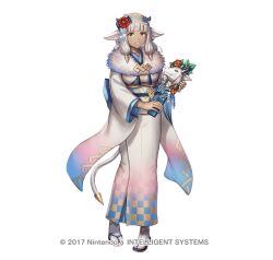  1girl anbe_yoshirou animal_ears ash_(fire_emblem) ash_(new_year)_(fire_emblem) breasts copyright_notice cow_ears cow_horns cow_tail dark-skinned_female dark_skin fingernails fire_emblem fire_emblem_heroes flower full_body fur_trim gradient_background gradient_clothes hagoita hair_ornament hairband holding horns japanese_clothes kimono long_hair looking_at_viewer medium_breasts obi official_art paddle parted_lips sandals sash sidelocks smile solo standing tabi tail white_background white_hair wide_sleeves yellow_eyes zouri 