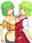  2girls and ascot bare_shoulders breast_press breasts cleavage crop_top crossover green_hair hand_on_back hikage_(senran_kagura) kazami_yuuka large_breasts looking_at_viewer midriff multiple_girls plaid plaid_skirt plaid_vest red_eyes senran_kagura short_hair simple_background skirt symmetrical_docking tongue tongue_out torn_clothes touhou white_background yellow_eyes 