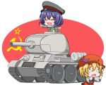  2girls aki_minoriko blonde_hair caterpillar_tracks chibi closed_eyes dress dress_shirt food fruit grapes hat jacket lavender_hair letty_whiterock long_sleeves military military_vehicle multiple_girls nikonikosiro open_mouth peaked_cap scarf shirt short_hair soviet_union t-34 t-34/85 tank tears touhou vehicle 