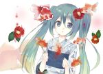  1girl fish flower green_eyes green_hair hatsune_miku japanese_clothes kimono long_hair solo twintails vocaloid wap 