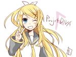 1girl blonde_hair blue_eyes blush grin kagamine_rin long_hair looking_at_viewer project_diva simple_background smile solo tamura_hiro v very_long_hair vocaloid white_background wink 