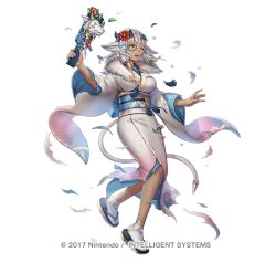  1girl anbe_yoshirou animal_ears ash_(fire_emblem) ash_(new_year)_(fire_emblem) breasts cow_ears cow_horns cow_tail dark-skinned_female dark_skin facial_mark fire_emblem fire_emblem_heroes flower full_body fur_trim gradient_background gradient_clothes hagoita hair_ornament holding horns japanese_clothes kimono long_hair medium_breasts obi official_art one_eye_closed open_mouth paddle sandals sash sidelocks solo tabi tail teeth torn_clothes torn_kimono upper_teeth_only white_background white_hair wide_sleeves yellow_eyes zouri 